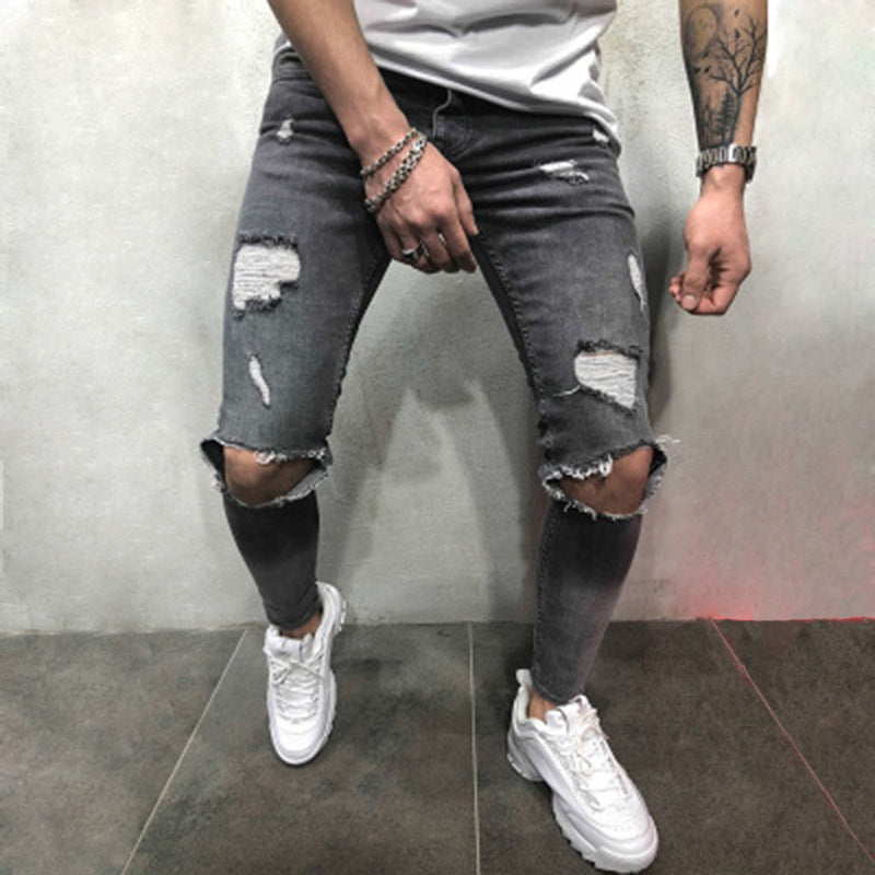 men's street solid color ripped denim trousers