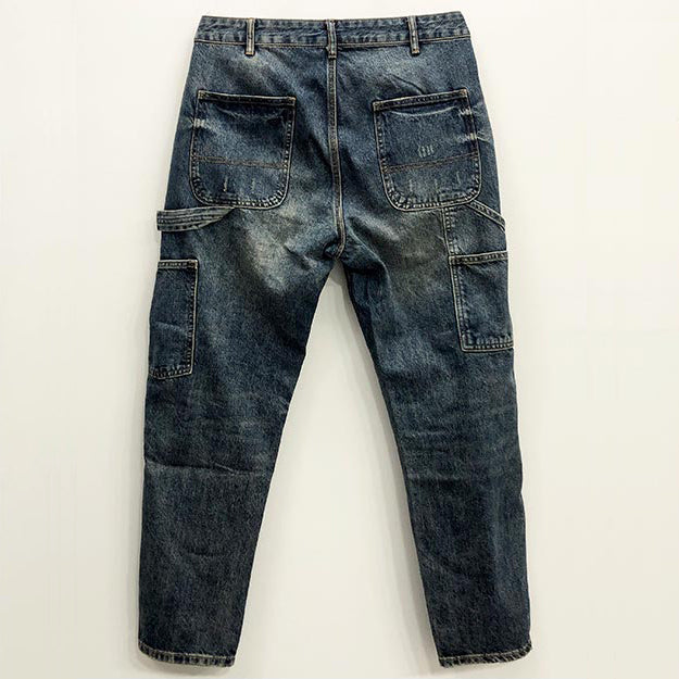 loose distressed retro stitching tooling motorcycle jeans