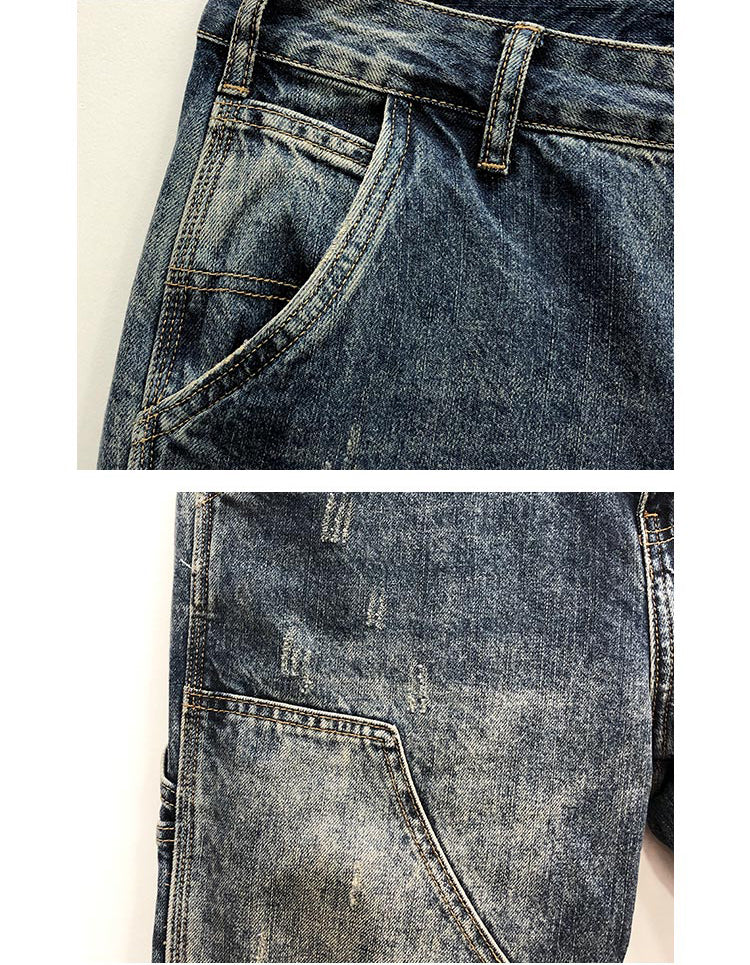 loose distressed retro stitching tooling motorcycle jeans