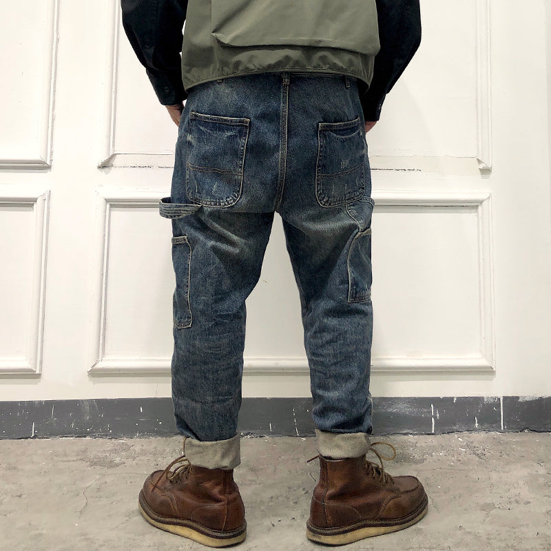 loose distressed retro stitching tooling motorcycle jeans