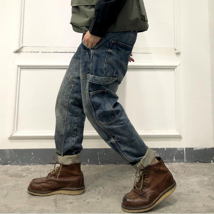 loose distressed retro stitching tooling motorcycle jeans
