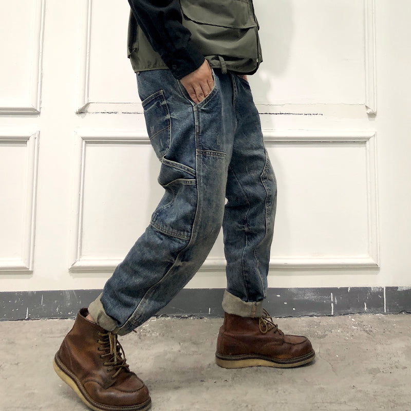 loose distressed retro stitching tooling motorcycle jeans