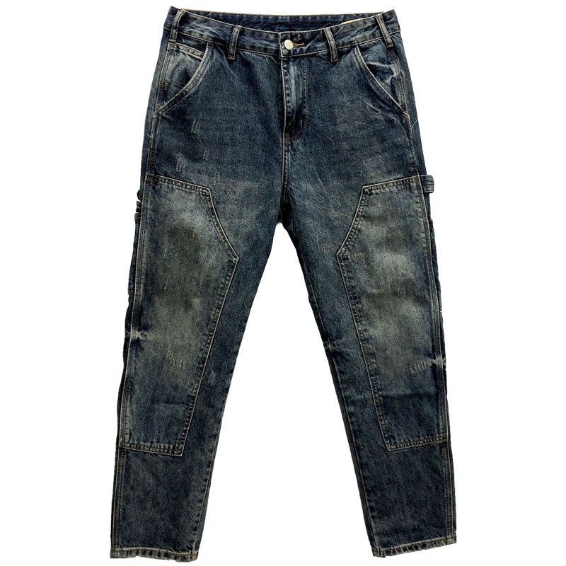 loose distressed retro stitching tooling motorcycle jeans