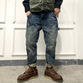 loose distressed retro stitching tooling motorcycle jeans