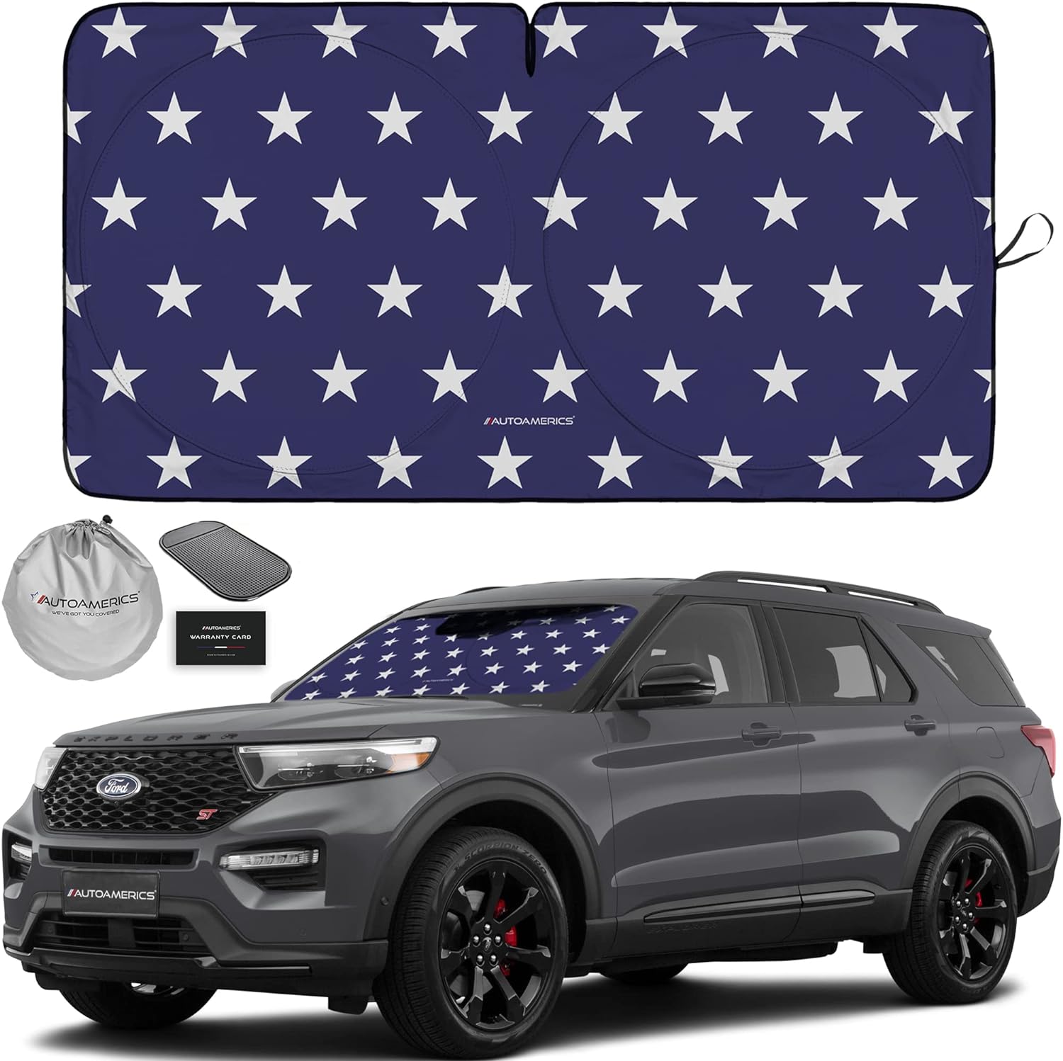 Autoamerics 1-Piece Windshield Sun Shade American Stars Flag USA Patriotic  - Foldable Car Front Window Sunshade for Sedans SUV Truck - Blocks Max UV Rays and Keeps Your Vehicle Cool - Medium