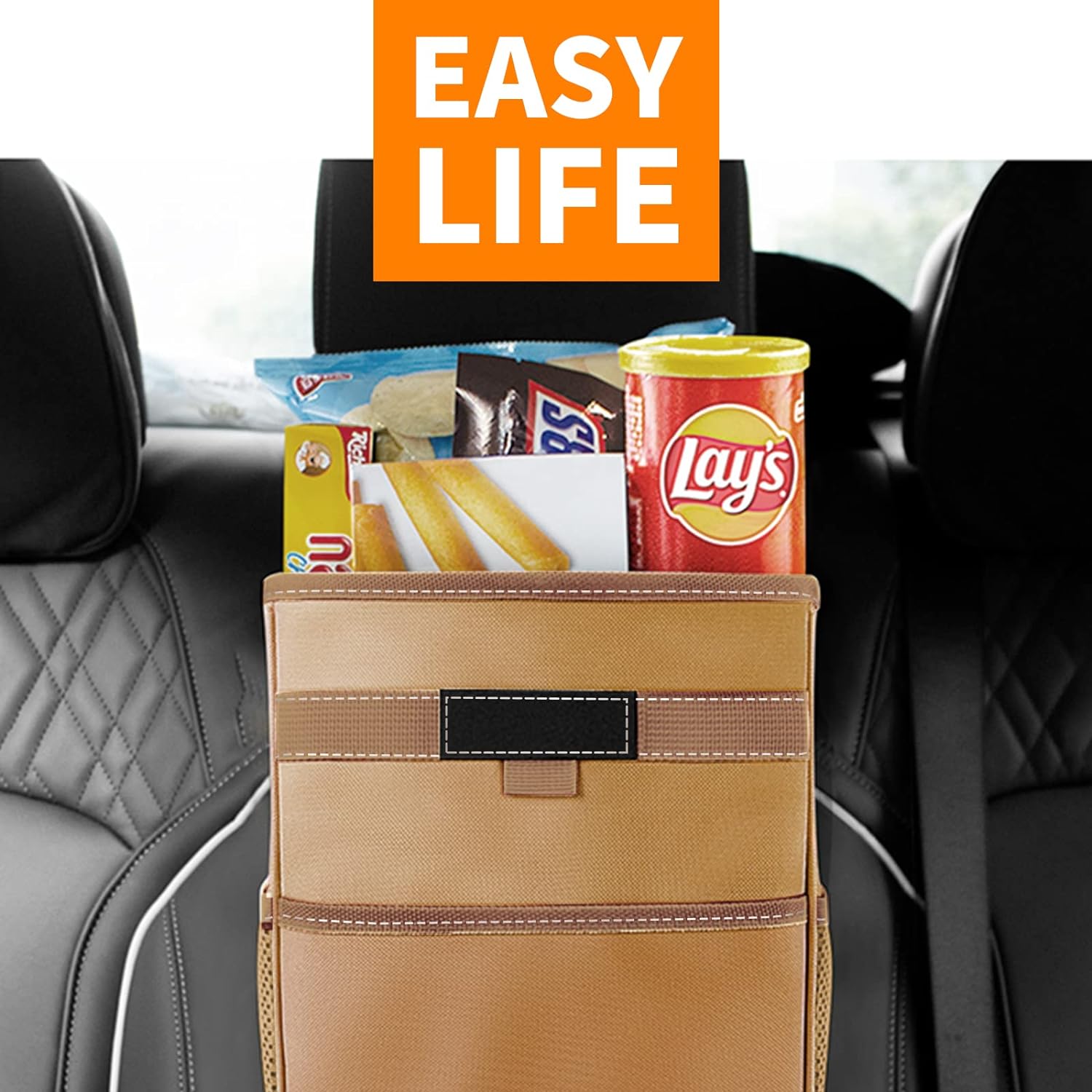 HOTOR Car Trash Can with Lid, Brown Car Trash Bag Hanging with Storage Pockets, Leak-Proof Car Garbage Can with Adjustable Straps, Magnetic Snaps, Waterproof Car Garbage Bin for Interior Car