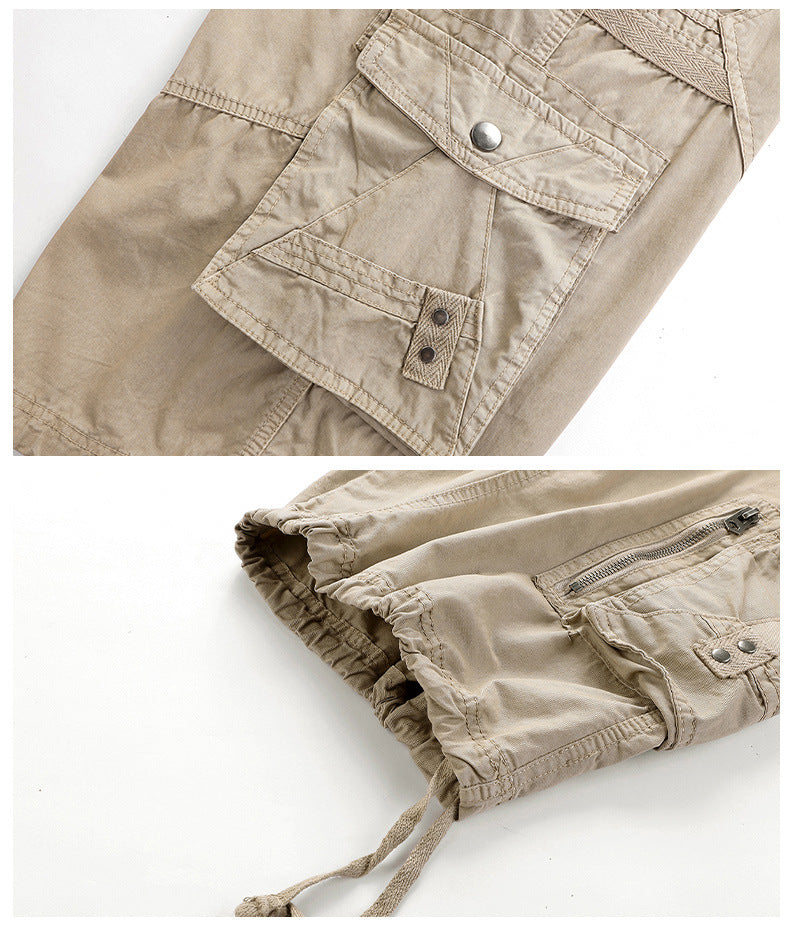 men's drawstring elastic waist zip multi pocket cotton cargo shorts