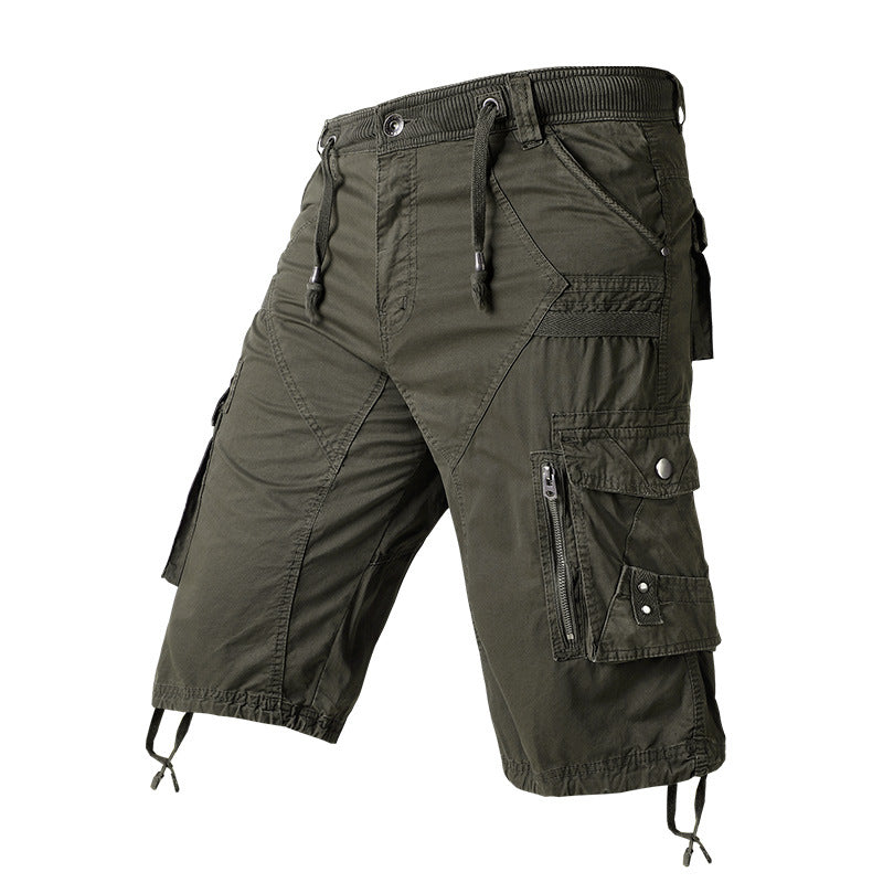 men's drawstring elastic waist zip multi pocket cotton cargo shorts
