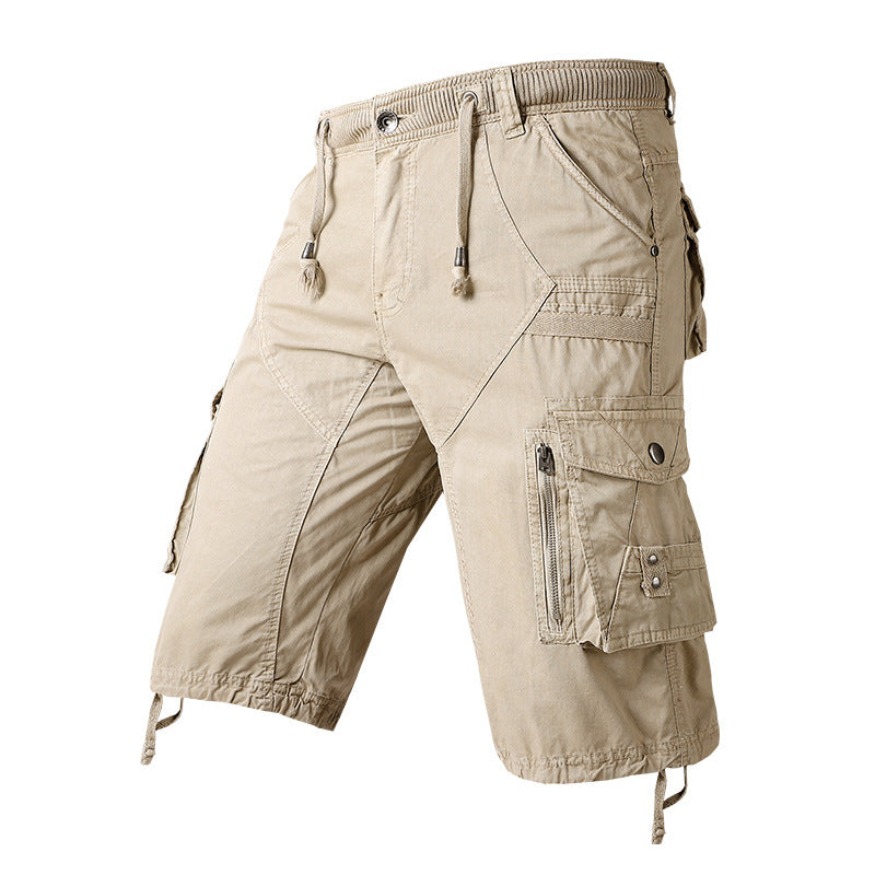 men's drawstring elastic waist zip multi pocket cotton cargo shorts