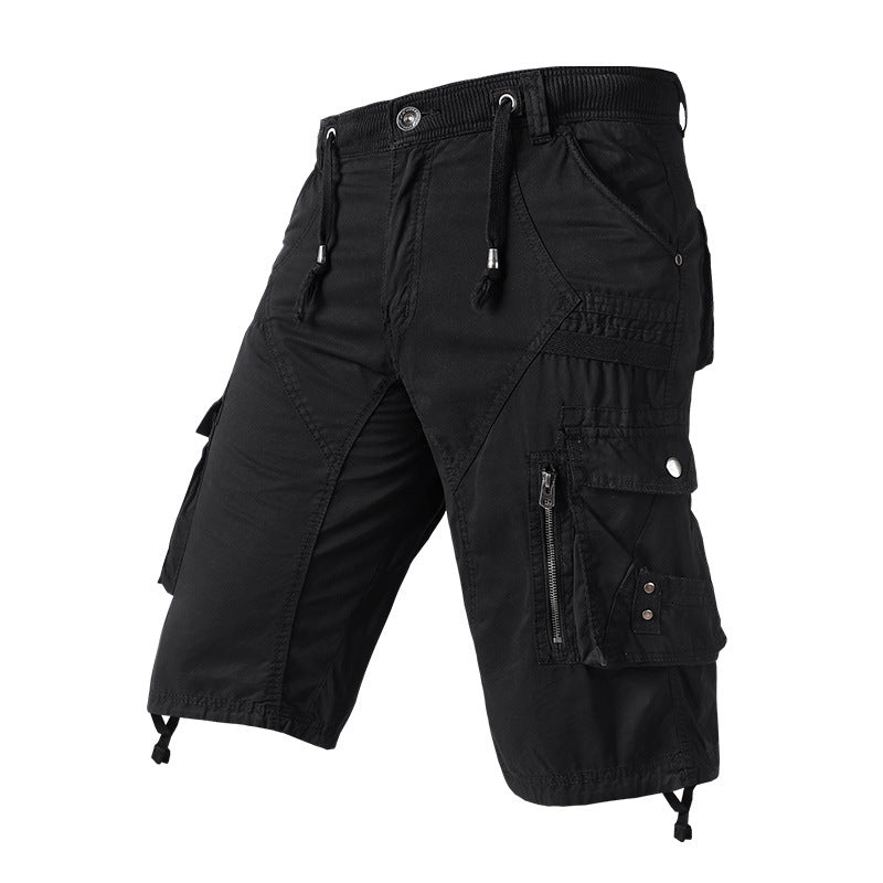 men's drawstring elastic waist zip multi pocket cotton cargo shorts