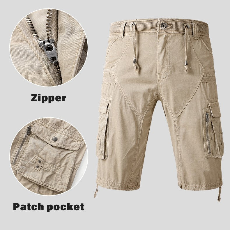 men's drawstring elastic waist zip multi pocket cotton cargo shorts