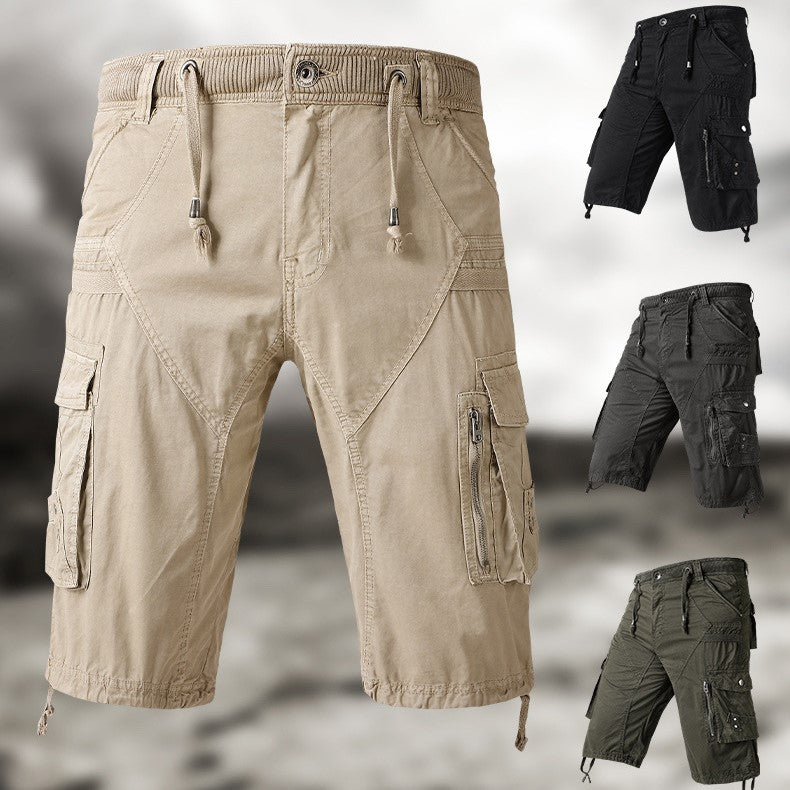 men's drawstring elastic waist zip multi pocket cotton cargo shorts