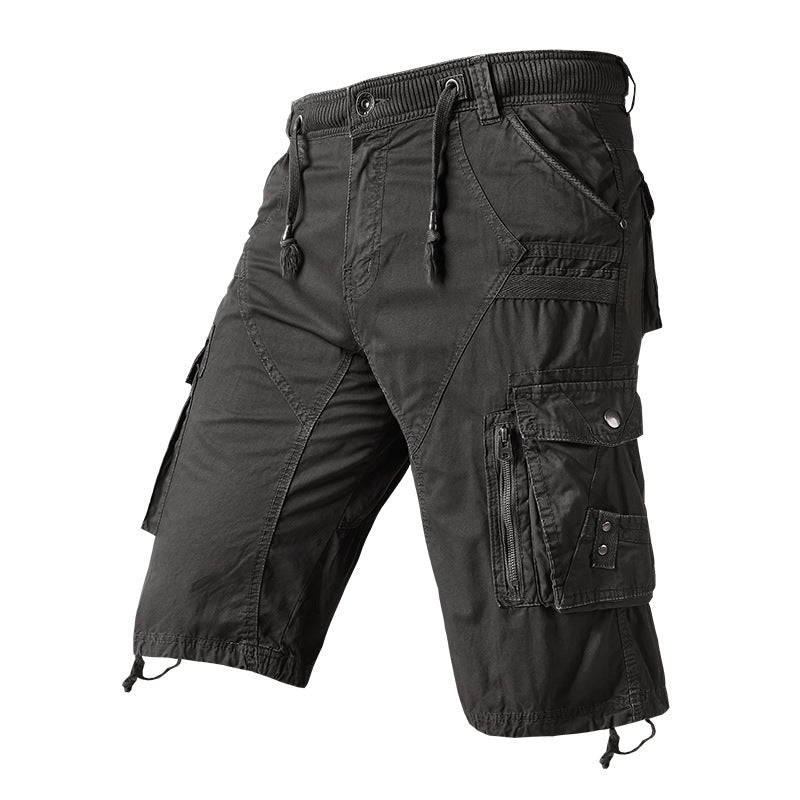 men's drawstring elastic waist zip multi pocket cotton cargo shorts