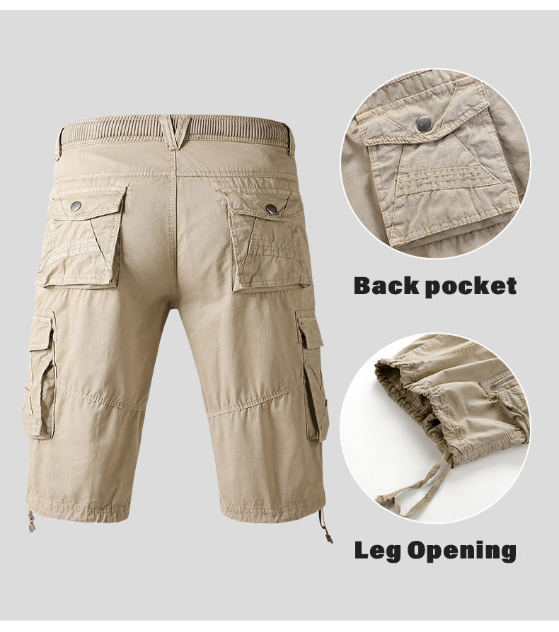 men's drawstring elastic waist zip multi pocket cotton cargo shorts