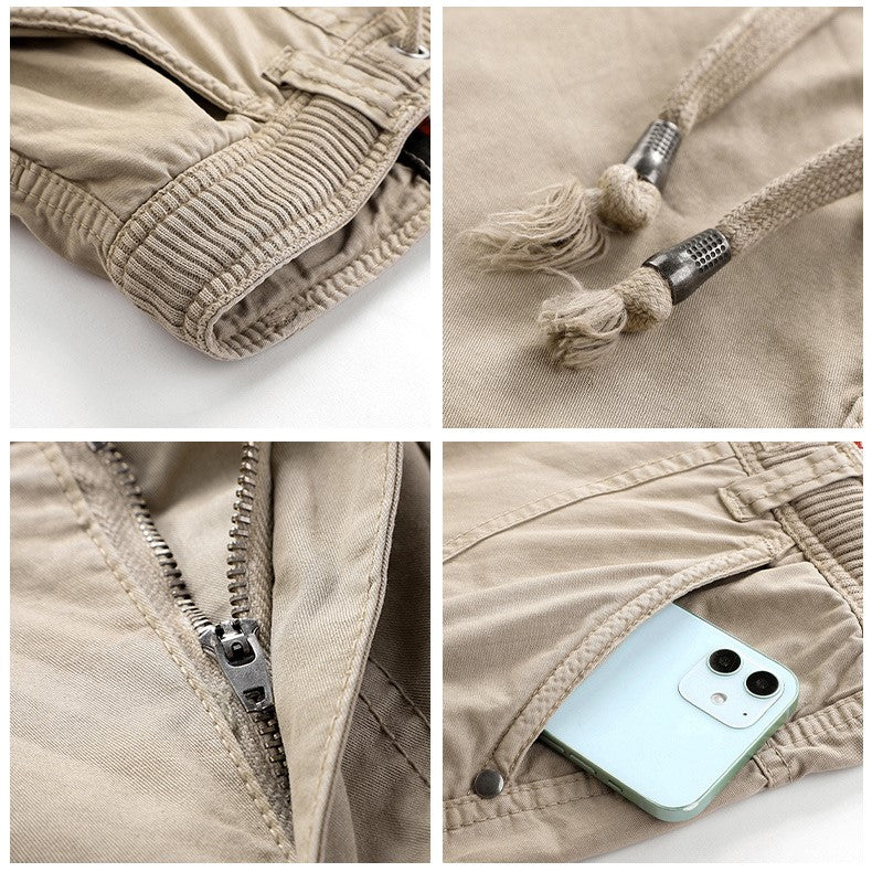 men's drawstring elastic waist zip multi pocket cotton cargo shorts