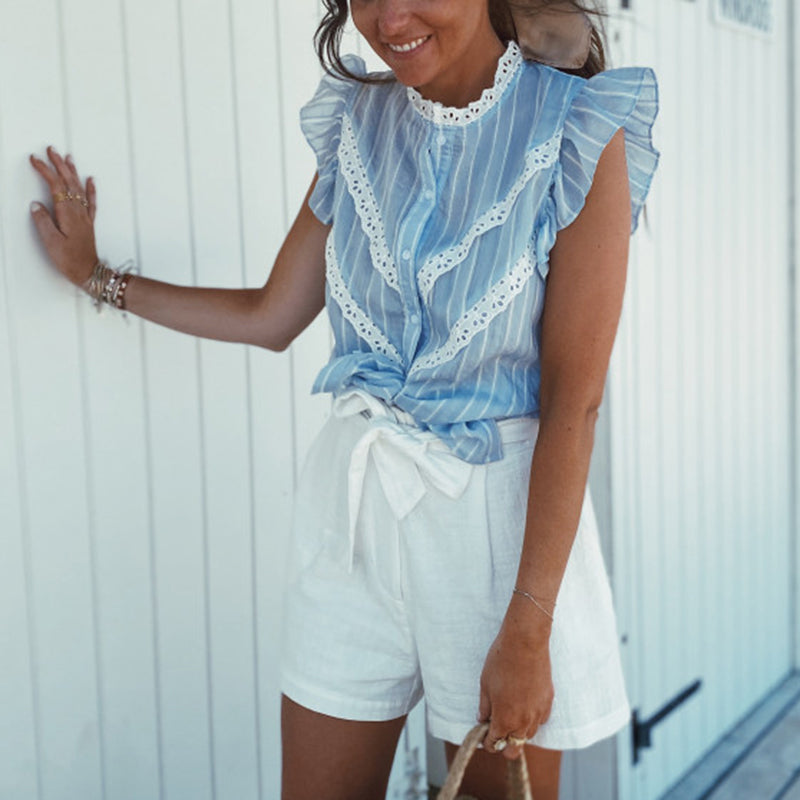 Fashion French Round Neck Stripe Stitching Lace Shirt