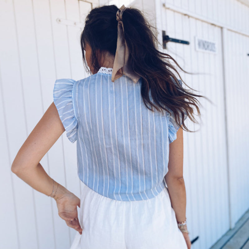 Fashion French Round Neck Stripe Stitching Lace Shirt