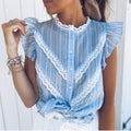 Fashion French Round Neck Stripe Stitching Lace Shirt