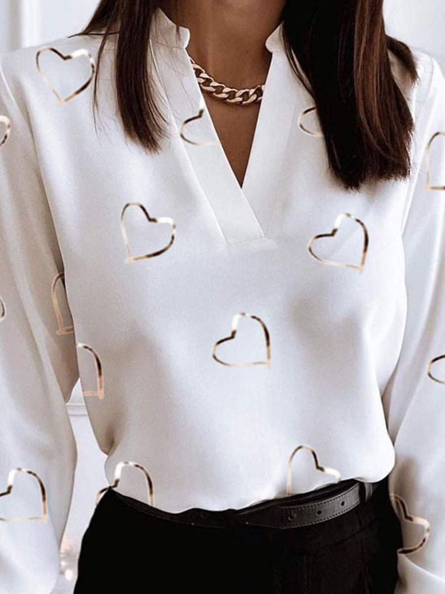 Long Sleeve V-Neck Loose Print Shirt