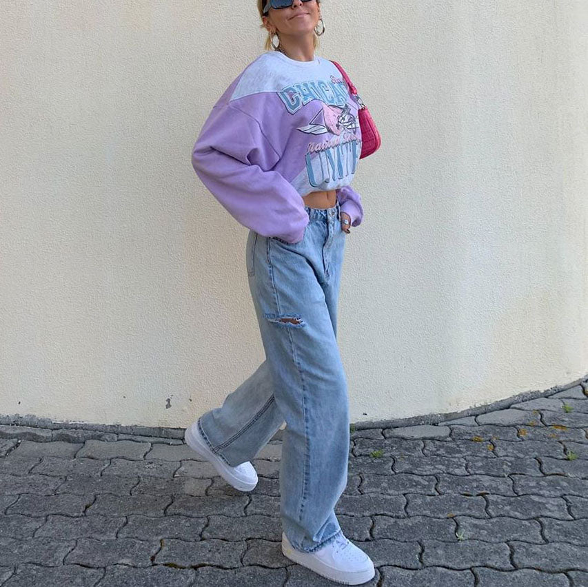 Fashion Retro Print Stitching Sweatshirt