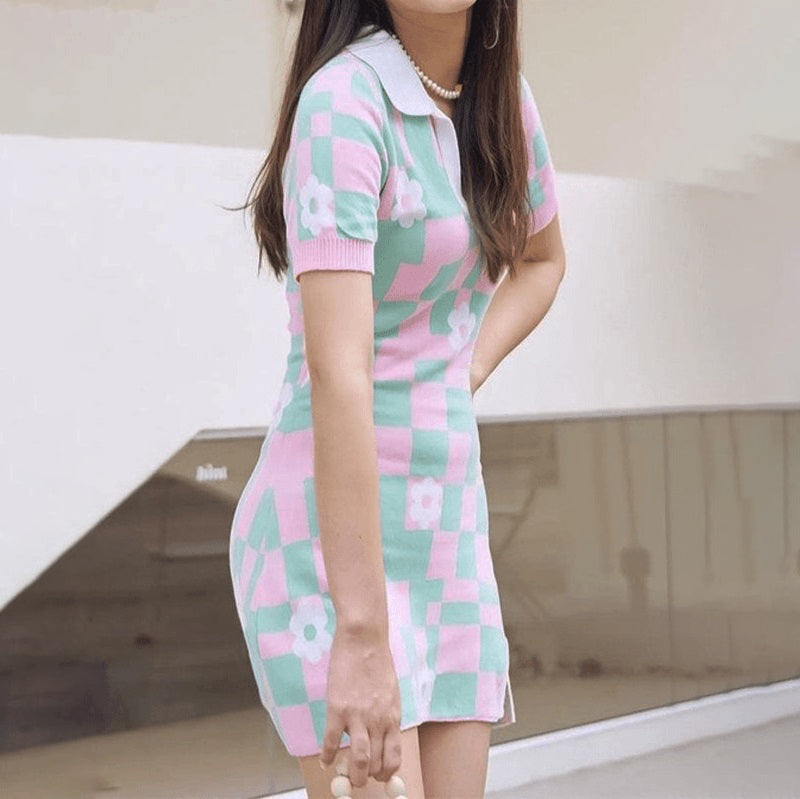 Check Floral Contrast Color Versatile Fashion Sweater Dress
