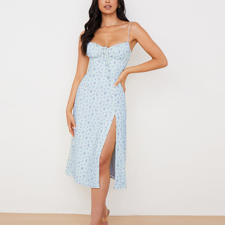 Sling Floral Lace-Up Slit Dress