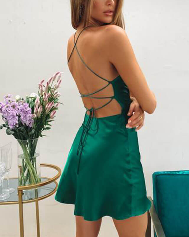 Women Hollow Lace-up Satin Cami Dress