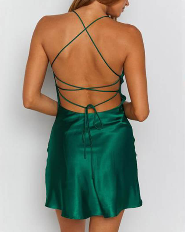 Women Hollow Lace-up Satin Cami Dress