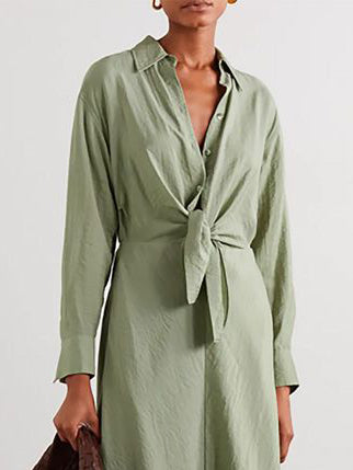Green Lapel Half Open Knotted Midi Dress