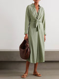 Green Lapel Half Open Knotted Midi Dress