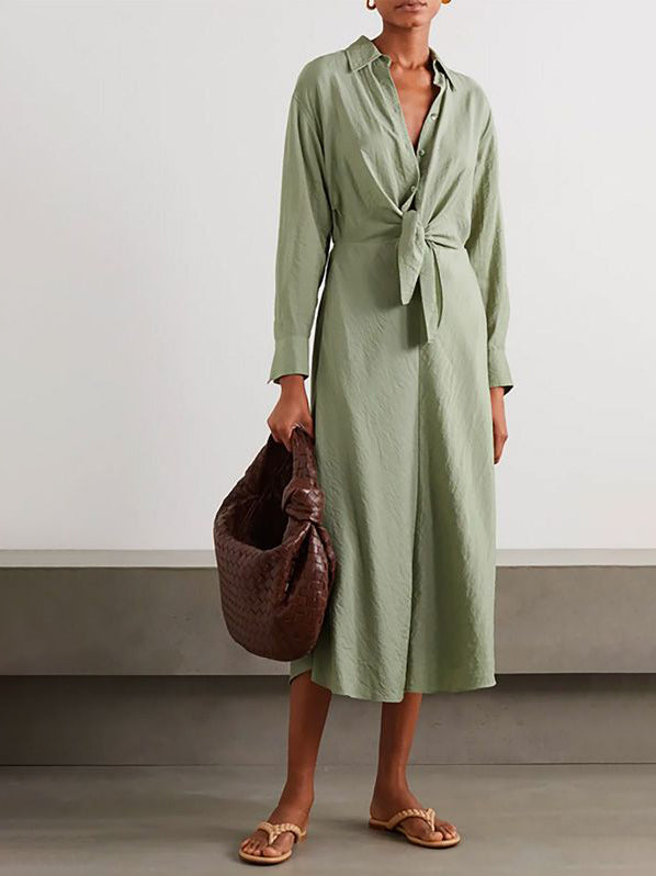 Green Lapel Half Open Knotted Midi Dress