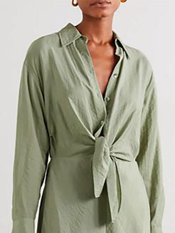 Green Lapel Half Open Knotted Midi Dress