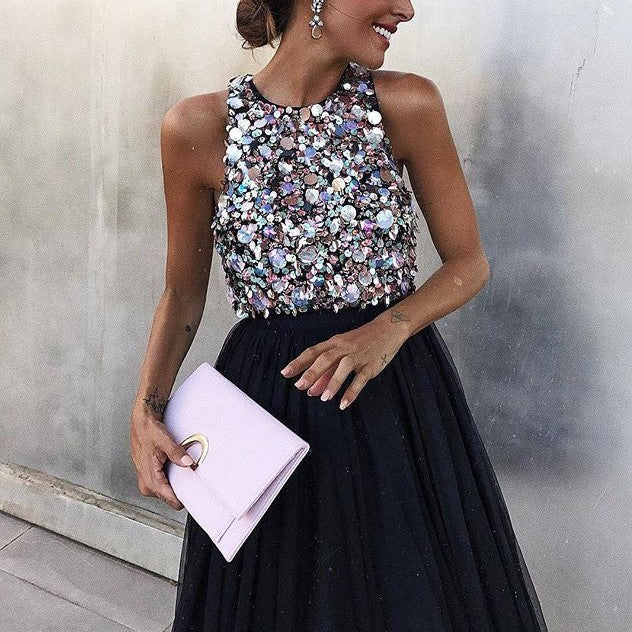 Women's Fashion Sweet Sleeveless Sequin Stitched Black Yarn High Waist Dress