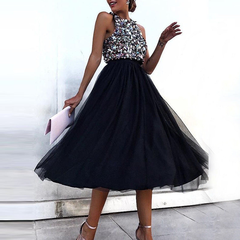 Women's Fashion Sweet Sleeveless Sequin Stitched Black Yarn High Waist Dress