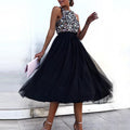 Women's Fashion Sweet Sleeveless Sequin Stitched Black Yarn High Waist Dress