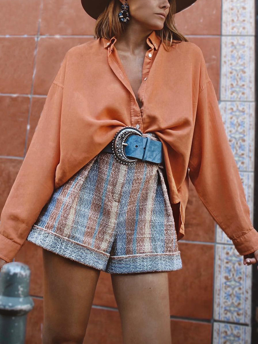 Vacation Orange Faux Cupro Lapel Hem Slit Long Sleeve Shirt