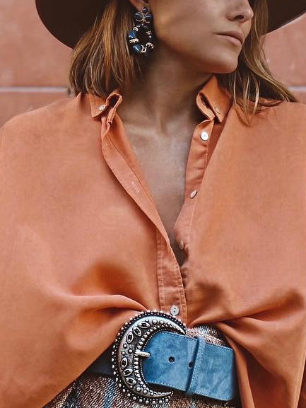 Vacation Orange Faux Cupro Lapel Hem Slit Long Sleeve Shirt