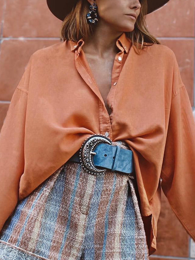 Vacation Orange Faux Cupro Lapel Hem Slit Long Sleeve Shirt