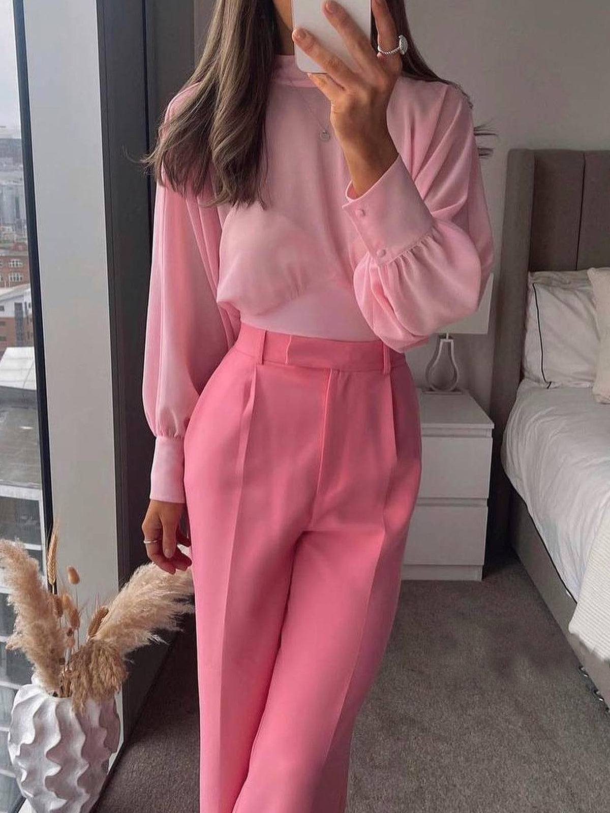 Pink Color Puff Sleeve Long Sleeve Blouses