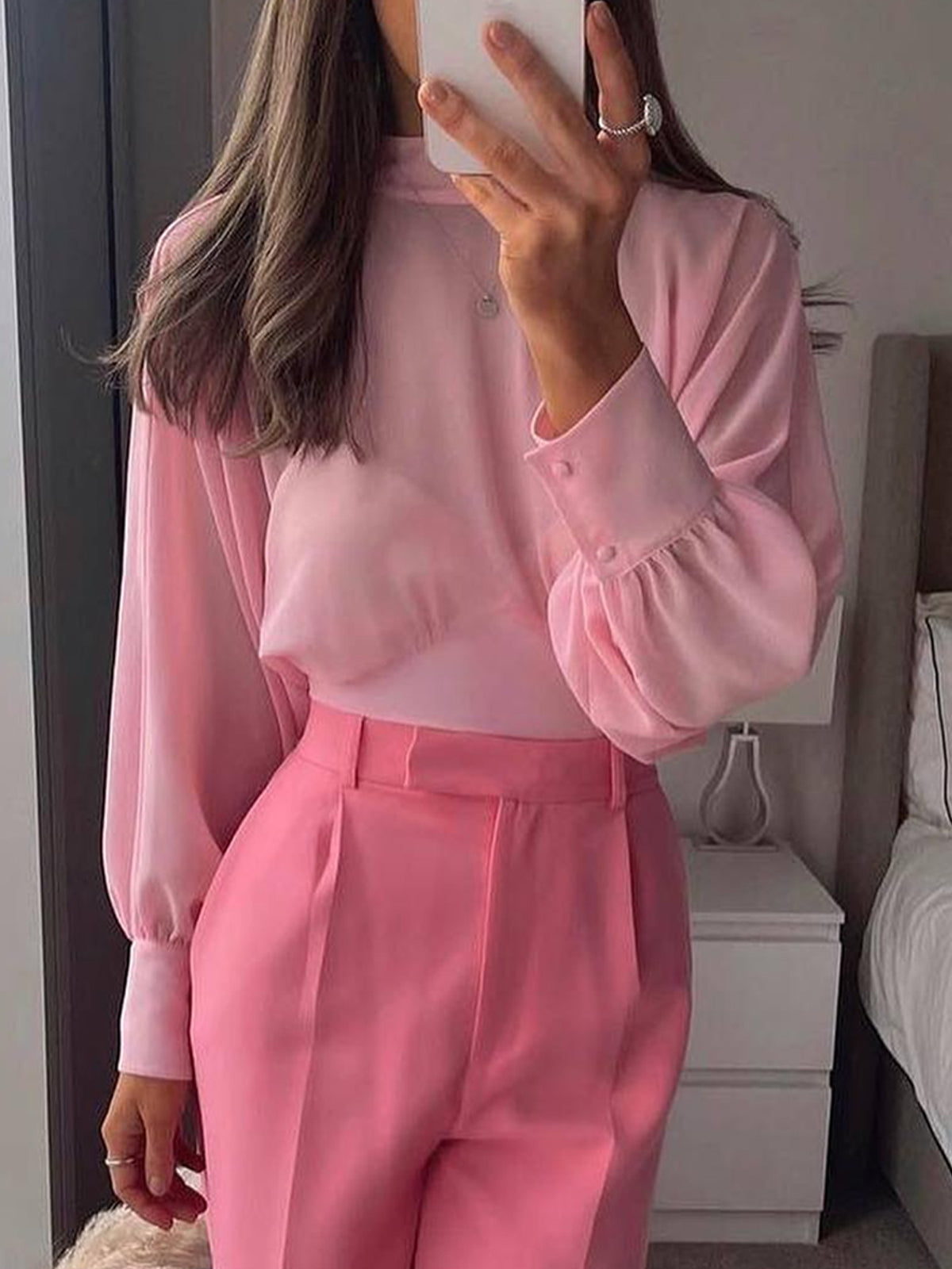 Pink Color Puff Sleeve Long Sleeve Blouses
