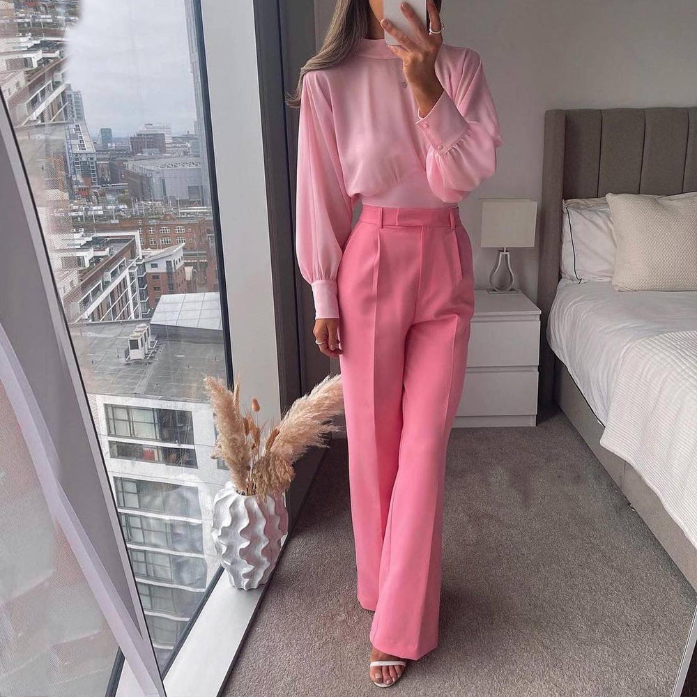 Pink Color Puff Sleeve Long Sleeve Blouses