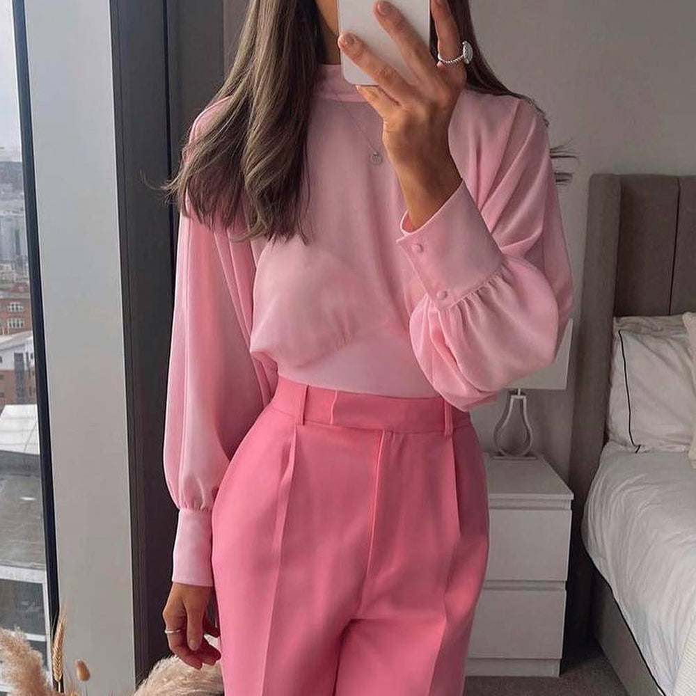 Pink Color Puff Sleeve Long Sleeve Blouses