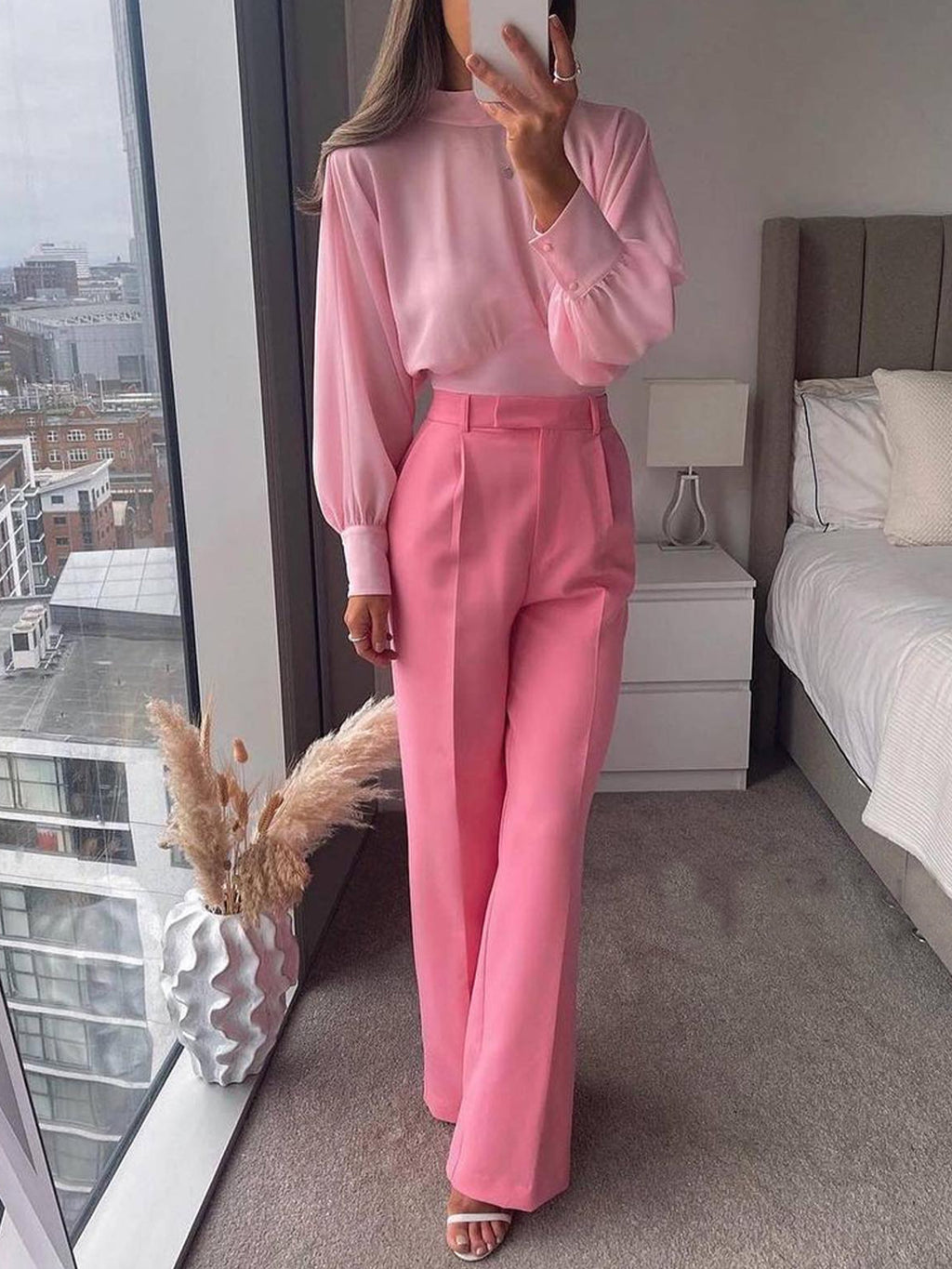 Pink Color Puff Sleeve Long Sleeve Blouses