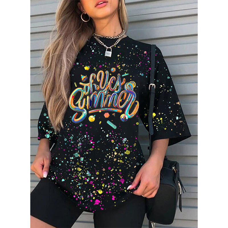 Graffiti Print Tie-dye Round Neck Short Sleeve Casual T-shirt Women
