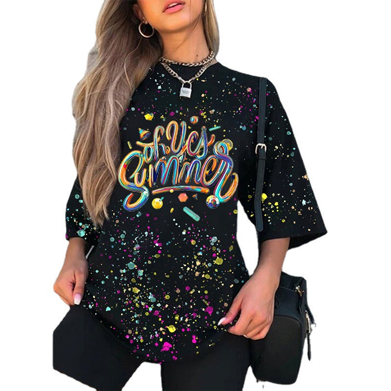 Graffiti Print Tie-dye Round Neck Short Sleeve Casual T-shirt Women