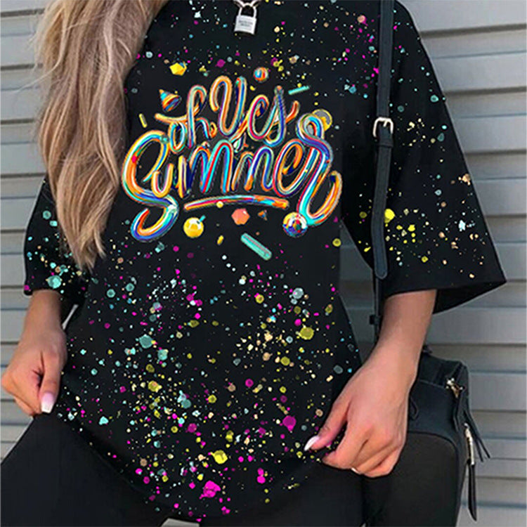 Graffiti Print Tie-dye Round Neck Short Sleeve Casual T-shirt Women