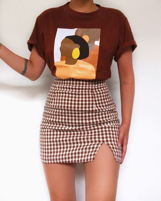Womens Casual T-shirt Check Suit Skirt