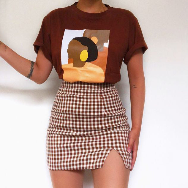 Womens Casual T-shirt Check Suit Skirt