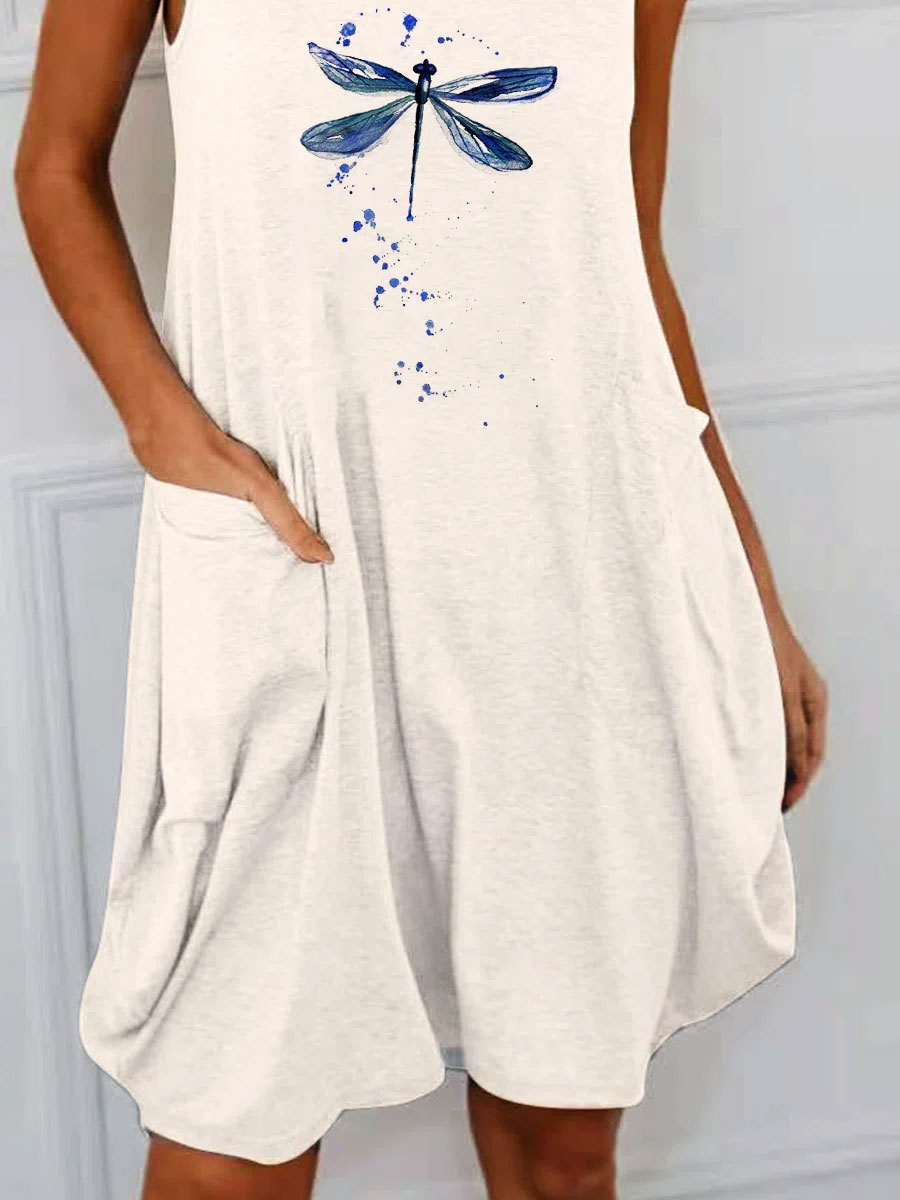 Round Neck Dragonfly Print Loose Casual Shift Dress
