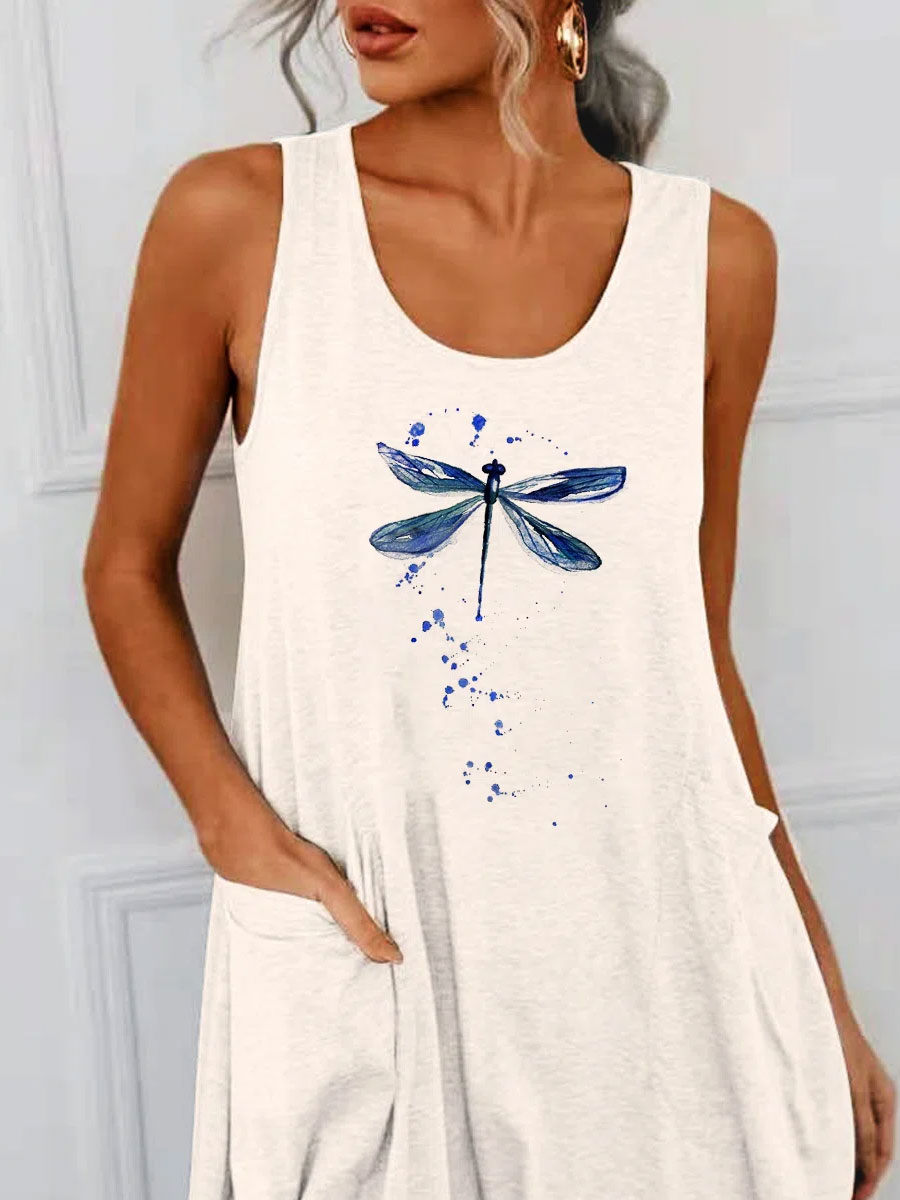 Round Neck Dragonfly Print Loose Casual Shift Dress
